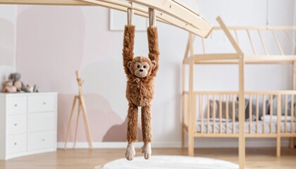 A cheerful plush monkey toy playfully hangs from a wooden bar in a bright, inviting child's room, inspiring warmth, comfort, and imaginative early childhood experiences