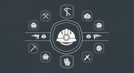 Mining industry concept with safety helmet and tools, representing construction and engineering.