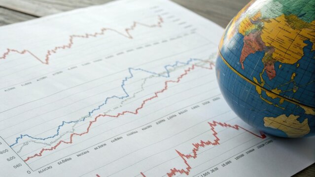 A globe placed on financial charts showing fluctuating market trends and data analysis.