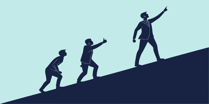 Three silhouettes of people climbing up a steep hill, representing growth and progress Vector
