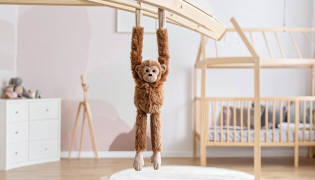 A cheerful plush monkey toy playfully hangs from a wooden bar in a bright, inviting child's room, inspiring warmth, comfort, and imaginative early childhood experiences