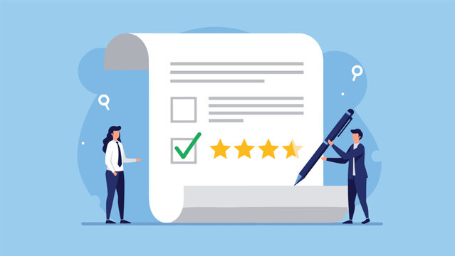 Customer satisfaction and quality rating are shown with people marking a five-star feedback survey on a large document for a review.