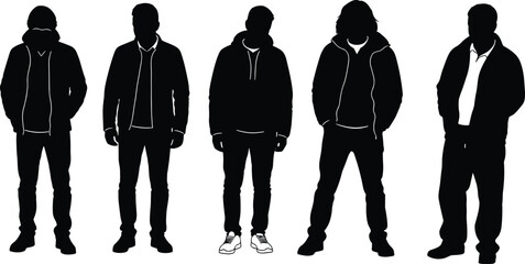 Group of men silhouettes in casual winter jackets hoodies parkas bombers, standing poses hands in pockets, black full body figures vector illustration. © Abu