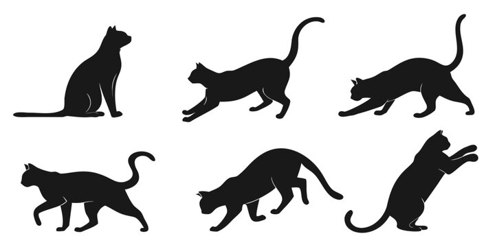 Eight black cat silhouettes showcasing various poses and movements. Vector