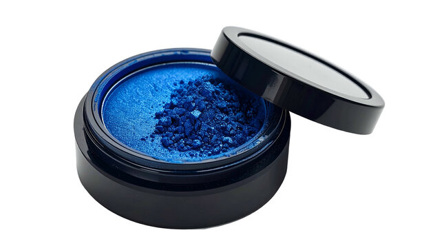 Jar of vibrant blue eye shadow with loose pigment, lid ajar, against a black backdrop