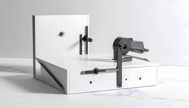 White angular device with black pivoting arms and a rectangular base, set against a white backdrop
