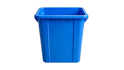 Bright blue plastic recycling bin, rectangular with open top, isolated against black