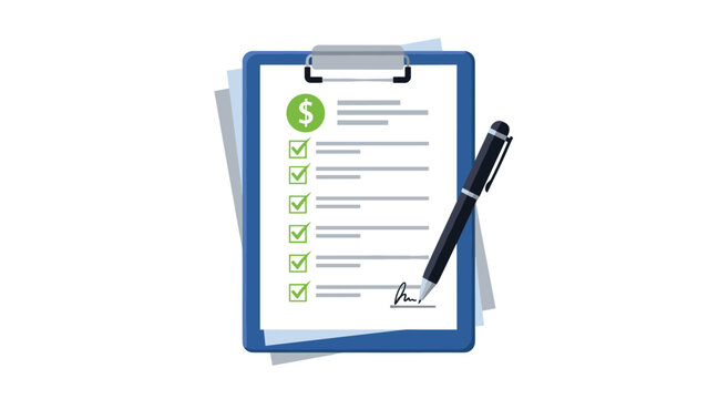Financial audit or budget approval checklist on a blue clipboard with a signature and a black ink pen on white background.