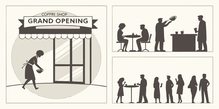 Illustration of a man walking through a revolving door with multiple people. Vector