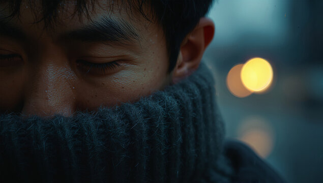 東アジア人の男性30代が雨の晩秋にウールへ顔を埋める安心感の接写