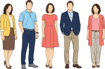 Obraz premium Diverse smart business casual outfits for men and women, colorful flat vector fashion illustration, blazer polo dress cardigan professional lineup
