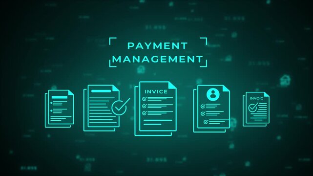 A bright cyan digital focused on payment management, showcasing a sequence of simplified documents and financial data on a dark background, representing efficient control and organization of
