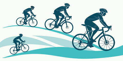 Fototapeta premium Three cyclists riding on a winding road with a scenic mountain backdrop Vector