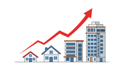 Red arrow moving upwards across rows of houses and office buildings representing real estate market growth.