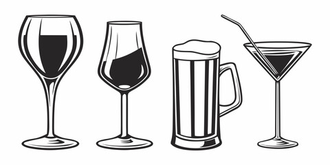 Assorted glassware including wine, cocktail, beer, and shot glasses on a table Vector © Md Kazi Rahman