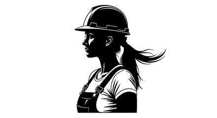 A female construction worker wearing a hard hat and overalls stands confidently outdoors. © John