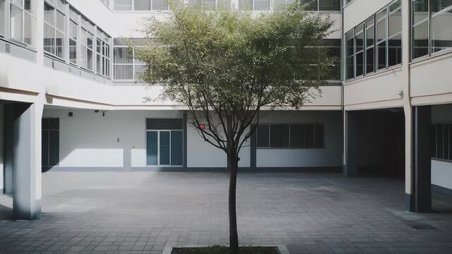 Green tree providing a natural focal point in a quiet urban courtyard, surrounded by minimalist building architecture featuring many windows and creating strong geometric patterns