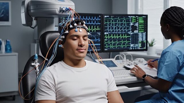 Patient Undergoing EEG Monitoring In Medical Lab Video.