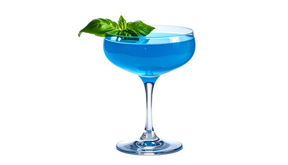 Elegant coupe glass holds bright blue cocktail, garnished with fresh green basil leaves