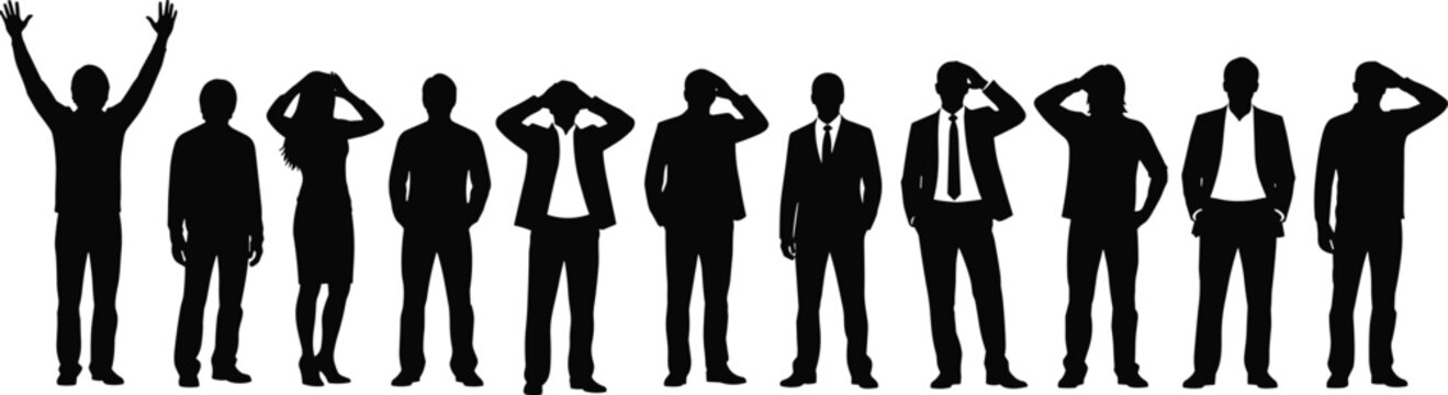 Large group of diverse business people silhouettes in various poses, victory arms raised, saluting hands on head, black isolated figures vector illustration.