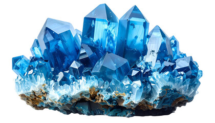 Cluster of vibrant blue, translucent crystals on a dark background