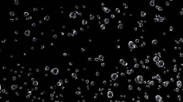 Dark background with clear water bubbles of varying scale rising upward in layered formation as abstract background visual