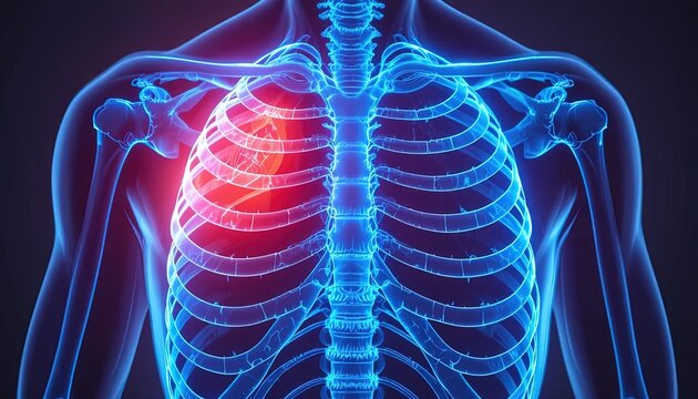 Human skeleton with glowing blue bones and red lung area highlighted