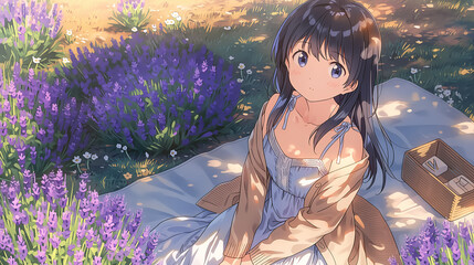 Experience the Serenity of Nature with a Young Girl Surrounded by Vibrant Lavender Blooms in a Dreamy Outdoor Scene, Capturing the Essence of Peace and Relaxation