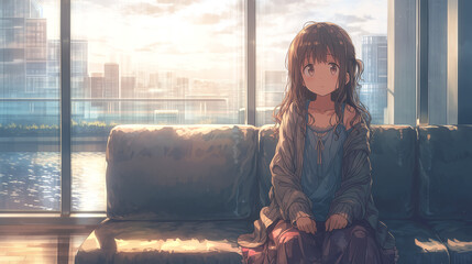 A Glimpse of Tranquility: A Young Woman in Thoughtful Reflection Amidst a Modern Urban Sunset Setting