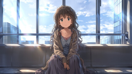 A Serene Moment: An Anime Character Contemplating Life by the Window in a Cozy Urban Apartment, Radiating Youthful Emotion and Tranquil Atmosphere