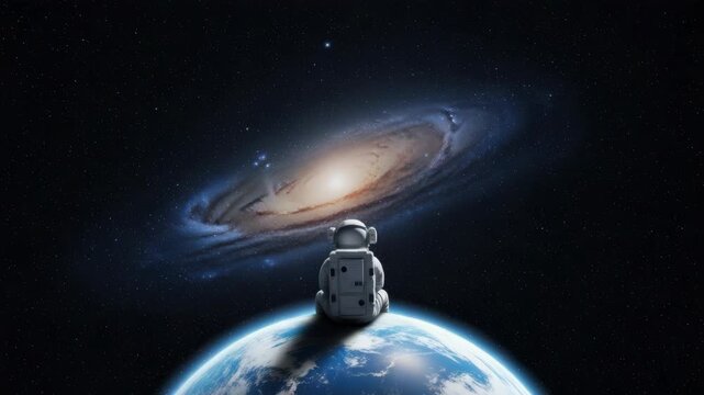 Astronaut Sitting On Earth Contemplates The Vast Galaxy Serene Space Exploration For Scientific Articles Visual Storytelling Promoting Wonder Discovery