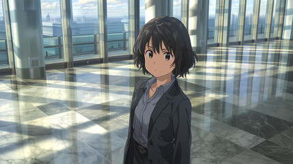 Navigating Success: A Portrait of a Confident Businesswoman in a Modern Office Setting, Emphasizing Professionalism and Urban Dynamics