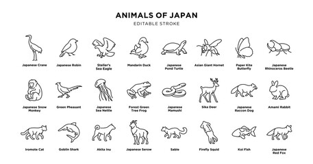 Fototapeta premium Animals of japan line icon set with editable stroke