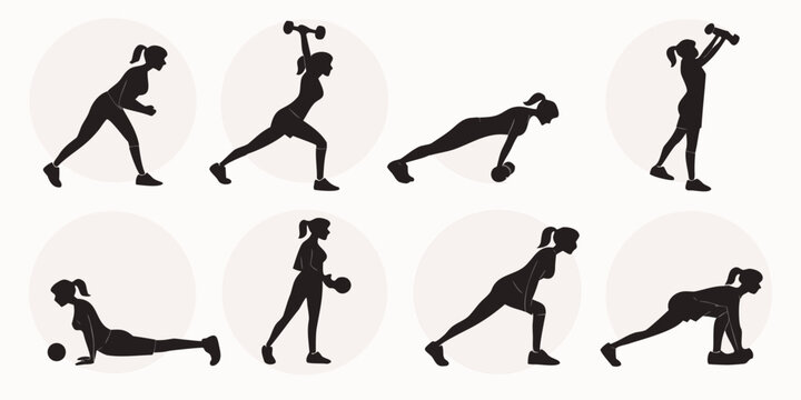 Diverse individuals performing various exercises in a gym setting Vector
