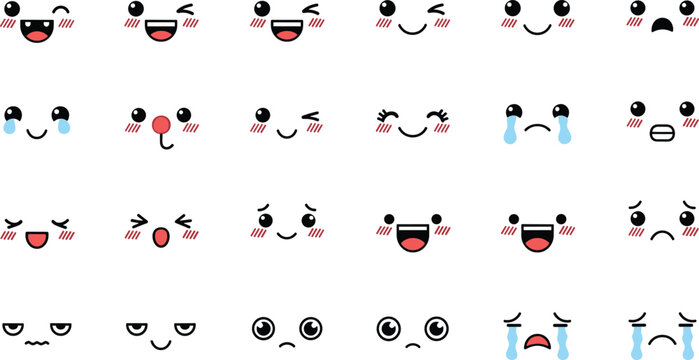 Cute kawaii facial expression set with emotive cartoon eyes and mouths vector collection for emoji, stickers, and character design