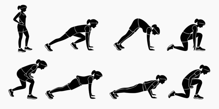 Demonstration of the proper technique for performing a burpee exercise Vector