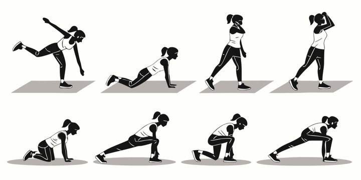 A sequence of illustrations depicting a person performing a series of yoga poses. Vector