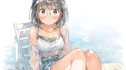 Charming Summer Vibes: A Captivating Anime Girl Enjoying a Relaxing Day by the Water in Her Stylish Casual Outfit