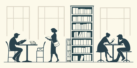 Students studying in a library with bookshelves and desks. Vector © ADOBE