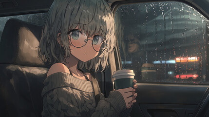 A Cozy Rainy Night: A Thoughtful Girl Enjoying Coffee in Her Car as Raindrops Dance on the Window, Capturing Introspection and Urban Dreams in a Serene Atmosphere.