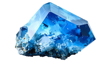 A detailed, close-up photograph of a vibrant, crystalline, blue mineral with sharp edges