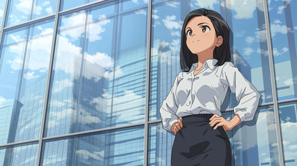 Empowered Career Woman Standing Confidently in Front of Modern Skyscrapers, Symbolizing Leadership and Ambition in the Corporate World