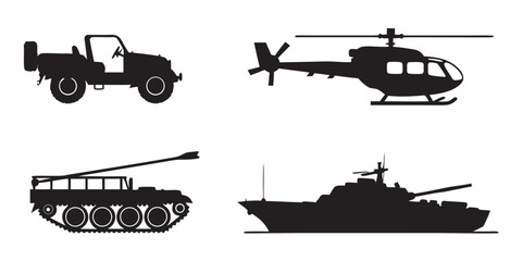 A variety of military vehicles including a car, helicopter, tank, and ship Vector © ADOBE