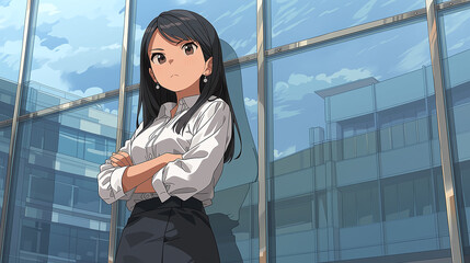 Confident Businesswoman Showcasing Determination and Professionalism in a Modern Urban Workspace Setting