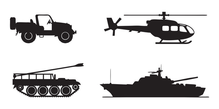 A variety of military vehicles including a car, helicopter, tank, and ship Vector