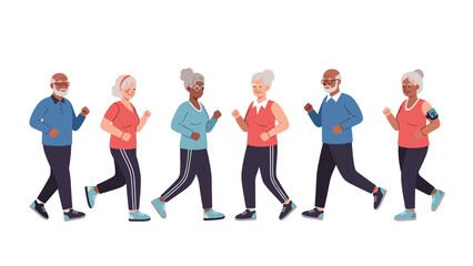 Obraz premium Active group of diverse senior men and women jogging together for exercise and healthy lifestyle in a flat character illustration.