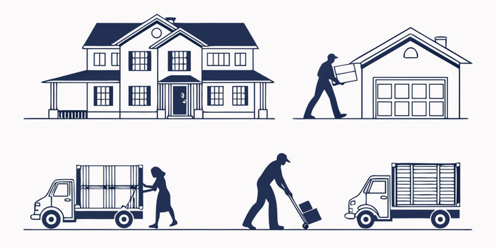 Illustration of a house, a moving truck, and a person carrying a box. Vector