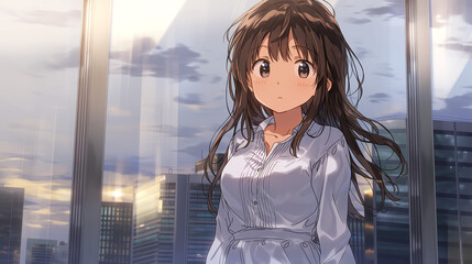 Urban Dreamscape: A Captivating Anime Character Gazing Through a City Window Amidst a Serene Sunset, Evoking Emotions of Innocence and Style in a Modern Landscape.