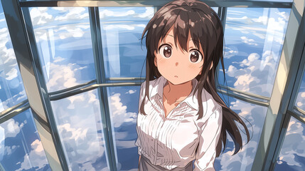 A Captivating Anime Portrait of a Thoughtful Girl in a Modern Indoor Setting with Striking Views of the Sky and Clouds, Evoking Emotions and a Sense of Wonder
