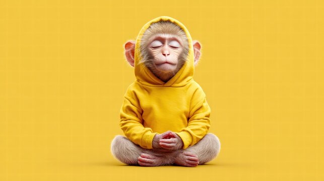 Monkey in a yellow hoodie meditating on a yellow background